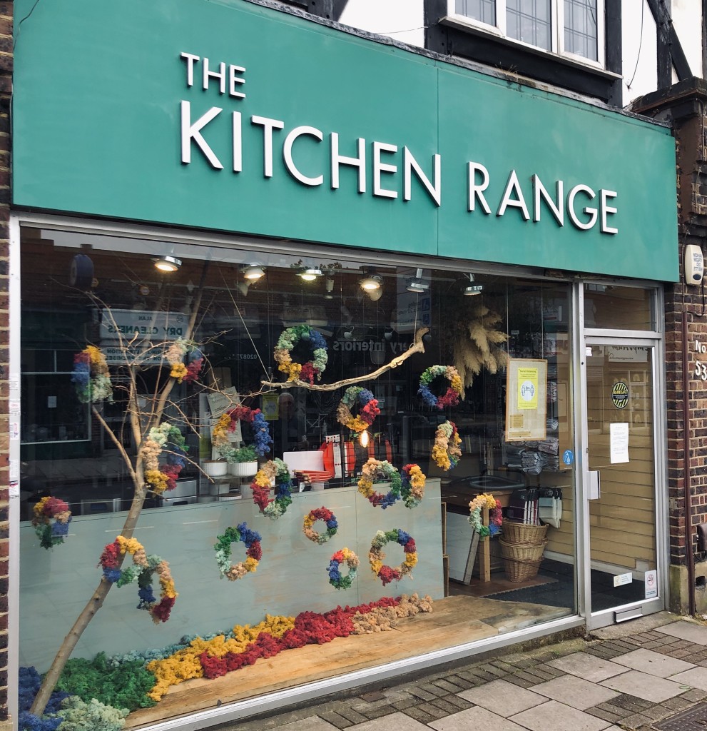 Above: The rainbow window (featuring coloured moss) for The Kitchen Range’s re-opening in West Wickham.