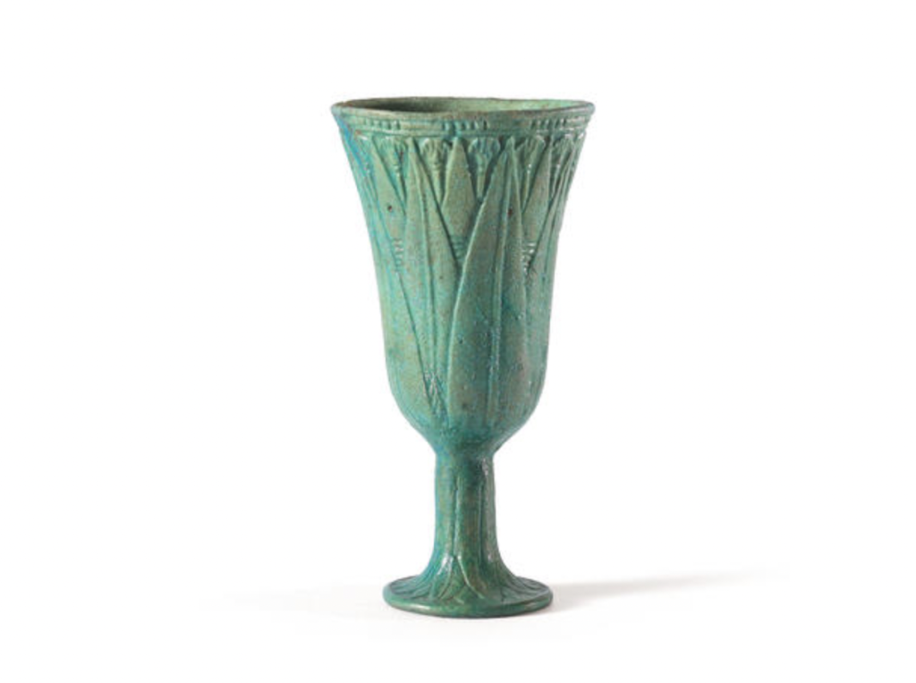 Above: The Egyptian turquoise glazed composition lotus chalice, which recently sold for £17,750.