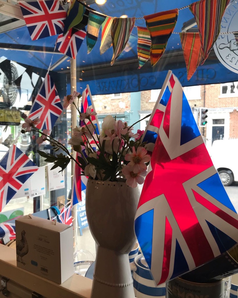 Above: Decorations at Frankie & Johnny’s Cookshop in York, which sold out of flags and Union Jack bunting.